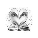 A tattoo of a heart-shaped book with lyrics from a Taylor Swift song flowing out of it, in a dotwork style. tattoo design idea