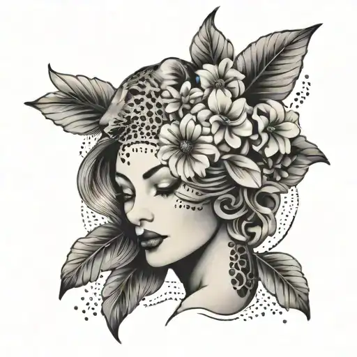 art Deco woman with Leopard flower blooming tattoo design idea