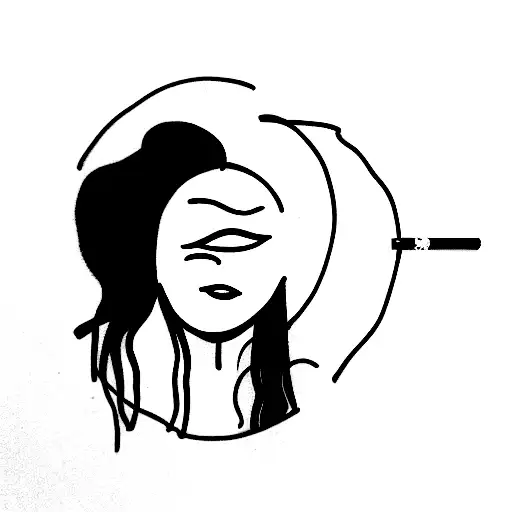 simple linework of a girl looking into a mirror smoking a cigarette linework tattoo design idea