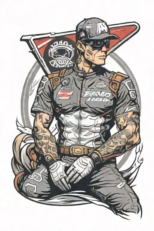 A realistic tattoo of a pitcrew member from NASCAR wearing a Marvel Comics superhero costume tattoo design idea