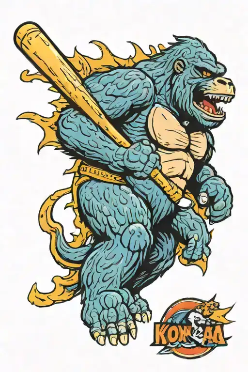 A mashup tattoo of King Kong and Godzilla playing baseball for the Cubs team tattoo design idea