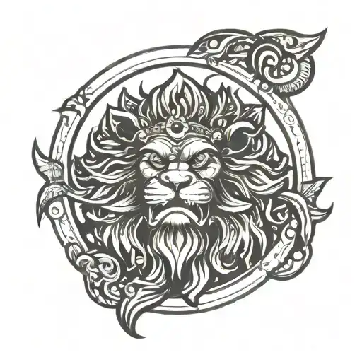 half Narasimha logo with Leo zodiac sign and moon rising tattoo design idea