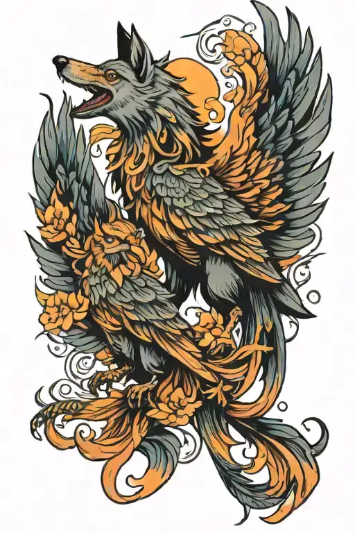 Phoenix and wolf tattoo design idea
