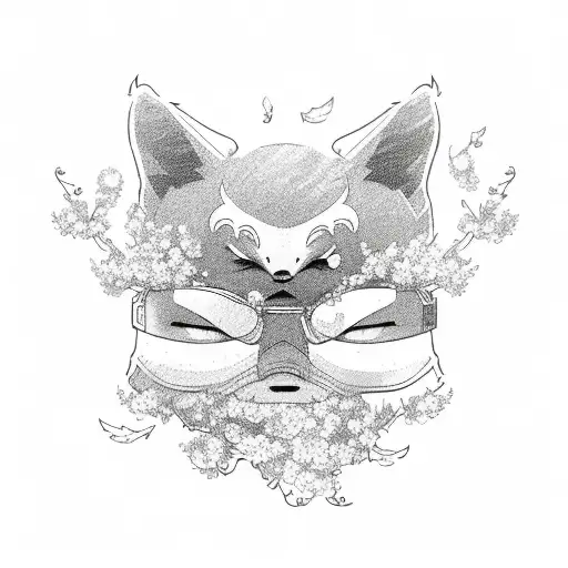 A sketch-style illustration of a doctor wearing a kitsune mask and surrounded by cherry blossoms tattoo design idea