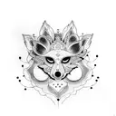 A dotwork sternum tattoo featuring a graceful geisha wearing a kitsune mask with cherry blossoms in the background tattoo design idea