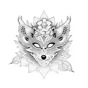 A dotwork sternum tattoo featuring a graceful geisha wearing a kitsune mask with cherry blossoms in the background tattoo design idea