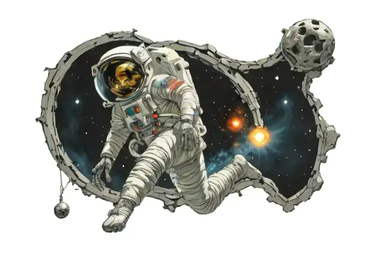 an astronaut in space, who has a skull as a head, trying to catch a blackhole with both hands in space. Front view tattoo design idea