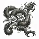 combine an Asian dragon coiling up the arm to the triceps with lotus and cherry blossoms tattoo design idea