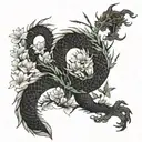 combine an Asian dragon coiling up the arm to the triceps with lotus and cherry blossoms tattoo design idea