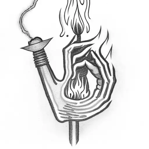 A hand holding a flaming wand with sparks flying off tattoo design idea