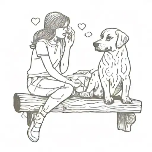 girl sitting on log with messy brain squiggles dog sitting next to her playing with the squiggles  tattoo design idea