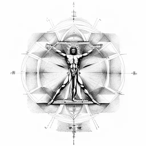 Vitruvian man with many details about golden ratio and all the works of leonardo da vinci tattoo design idea