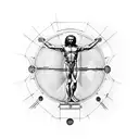 Vitruvian man with leonardo da vincis bust above it in a realistic manner tattoo design idea