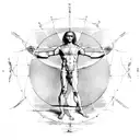 Vitruvian man with many details about golden ratio and all the works of leonardo da vinci tattoo design idea