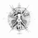 Vitruvian man with many details about golden ratio and all the works of leonardo da vinci tattoo design idea