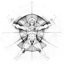 Vitruvian man with many details about golden ratio and all the works of leonardo da vinci tattoo design idea