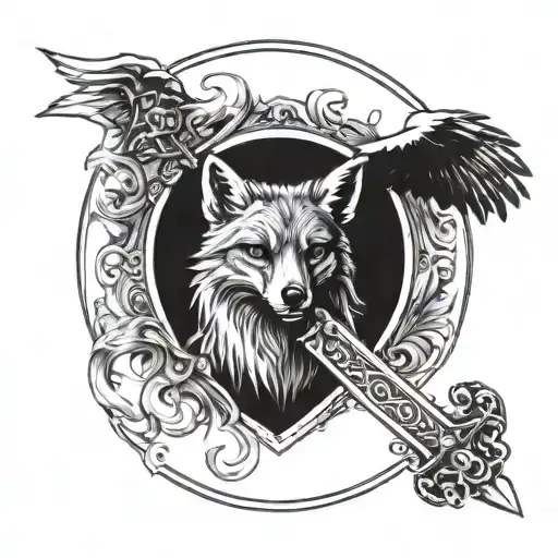 door with a fox,eagle and roman sword tattoo design idea