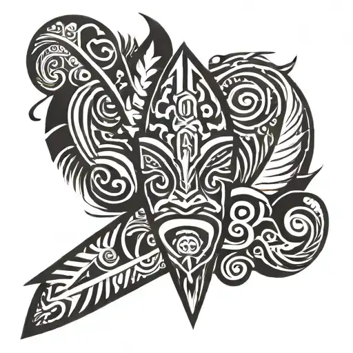 polynesian tiki, ocean, spear wrapped tattoo design idea