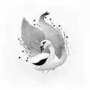 A surreal illustration of a writer's hand transforming into a graceful swan, surrounded by flowing ink tattoo design idea