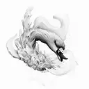 A surreal illustration of a writer's hand transforming into a graceful swan, surrounded by flowing ink tattoo design idea