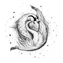 A surreal illustration of a writer's hand transforming into a graceful swan, surrounded by flowing ink tattoo design idea