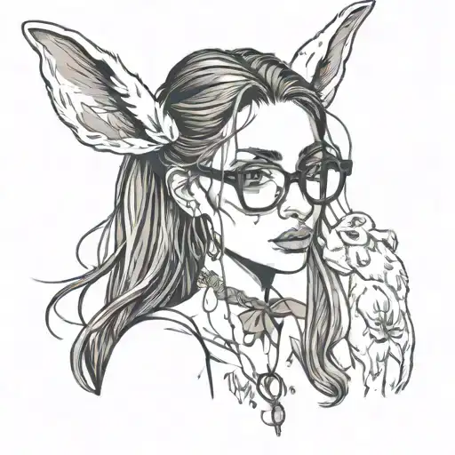 aroused sexy skinny european woman, long face, long brown straight hair, very big nose, glasses, thin lips, white bunny  tattoo design idea