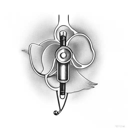A stylized stethoscope tattoo wrapped around a delicate bird in flight, in black-grey style tattoo design idea