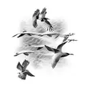 A flock of migratory birds flying across the client's back, representing their love for travel, in sketch style tattoo design idea