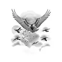 A flock of migratory birds flying across the client's back, representing their love for travel, in sketch style tattoo design idea