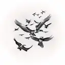 A flock of migratory birds flying across the client's back, representing their love for travel, in sketch style tattoo design idea