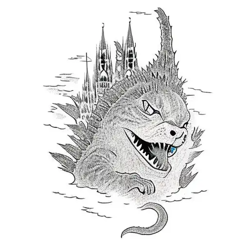 Godzilla as a cat, destroying the city of cologne while chasing mothra.  tattoo design idea