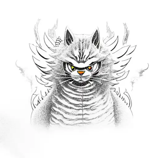 Giant cat as Godzilla, destroying the city of cologne while chasing mothra.  tattoo design idea