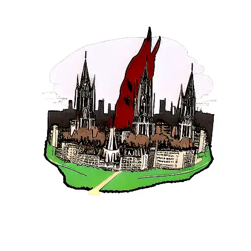 Giant cat as Godzilla, destroying the city of cologne while chasing mothra.  tattoo design idea