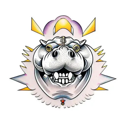 hippopotamus gold teeth blood weapons birds tattoo design idea