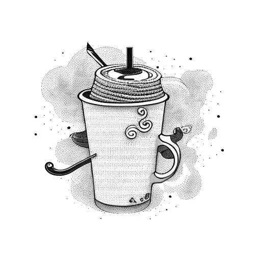 A whimsical coffee cup surrounded by colorful crochet hooks and yarn tattoo design idea