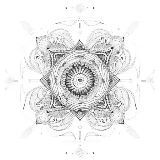 A coffee-inspired mandala design with crochet hooks and yarn woven throughout tattoo design idea