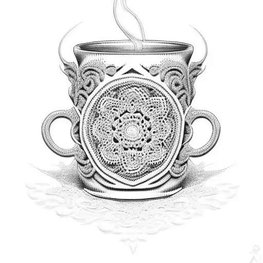 Intricate crochet pattern forming the shape of a coffee mug tattoo design idea