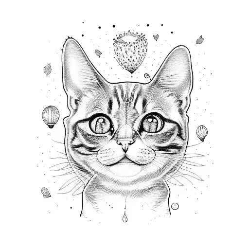 A whimsical coloring book page featuring grandchildren, coffee cups, cats, and dogs in a dotwork style tattoo design idea