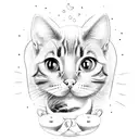 A whimsical coloring book page featuring grandchildren, coffee cups, cats, and dogs in a dotwork style tattoo design idea