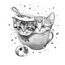 A whimsical coloring book page featuring grandchildren, coffee cups, cats, and dogs in a dotwork style tattoo design idea