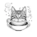 A whimsical coloring book page featuring grandchildren, coffee cups, cats, and dogs in a dotwork style tattoo design idea