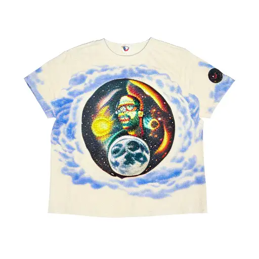 kid cudi man on the moon album with a moon man sitting on top. staring down a space highway leading to earth  tattoo design idea