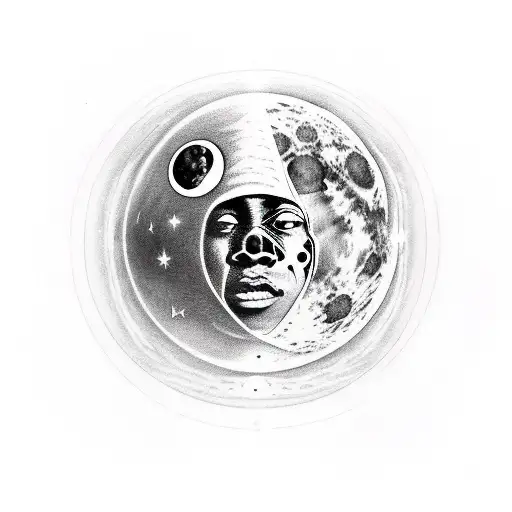 kid cudi man on the moon album with a moon man sitting on top. staring down a space highway leading to earth  tattoo design idea