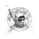 kid cudi man on the moon album with a moon man sitting on top. staring down a space highway leading to earth  tattoo design idea