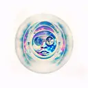 kid cudi man on the moon album with a moon man sitting on top. staring down a space highway leading to earth  tattoo design idea