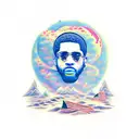 kid cudi man on the moon album with a moon man sitting on top. staring down a space highway leading to earth  tattoo design idea