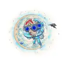 kid cudi man on the moon album with a moon man sitting on top. staring down a space highway leading to earth  tattoo design idea