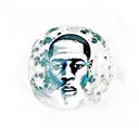 kid cudi man on the moon album with a moon man sitting on top. staring down a space highway leading to earth  tattoo design idea