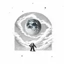 kid cudi man on the moon album with a moon man sitting on top. staring down a space highway leading to earth  tattoo design idea