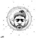 kid cudi man on the moon album with a moon man sitting on top. staring down a space highway leading to earth  tattoo design idea